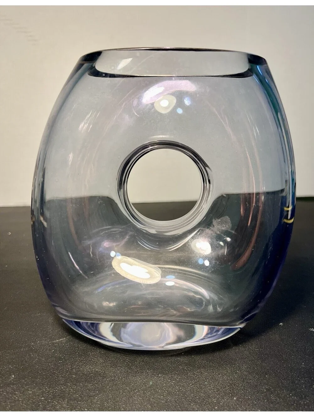 Pasabahce Turkey 2000s Doughnut O Vase Handblown Art Glass Clear, 4.5x7”